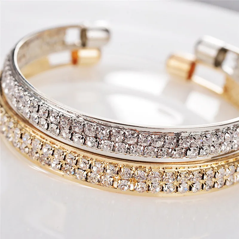 

2 Rows Opening Bracelets Women Crystal Rhinestone Bangle Wristband Cuff Open Bracelets Charms Jewelry