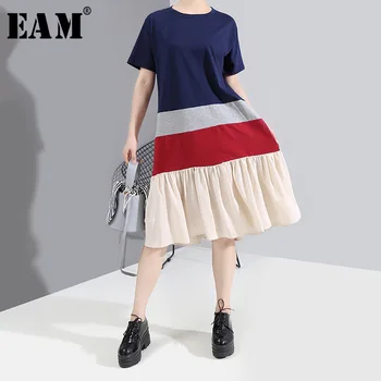 

[EAM] Women Blue Contrast Colro Pleated Midi Dress New Round Neck Short Sleeve Loose Fit Fashion Tide Spring Summer 2020 1W587