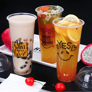 

50pcs PP transparent creative pattern disposable juice fruit cup 500 ml milk tea coffee beverage packaging plastic cup with lid