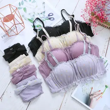 

Honviey sexy lace tube top underwear set women's comfortable no steel ring gathered up small chest anti-lighting bra set