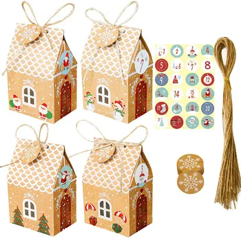 

96pcs/set Kraft Paper House Shape Gift Box Combination Candy Packing Bag Sticker Tag Christmas Decorations For Home navidad noel