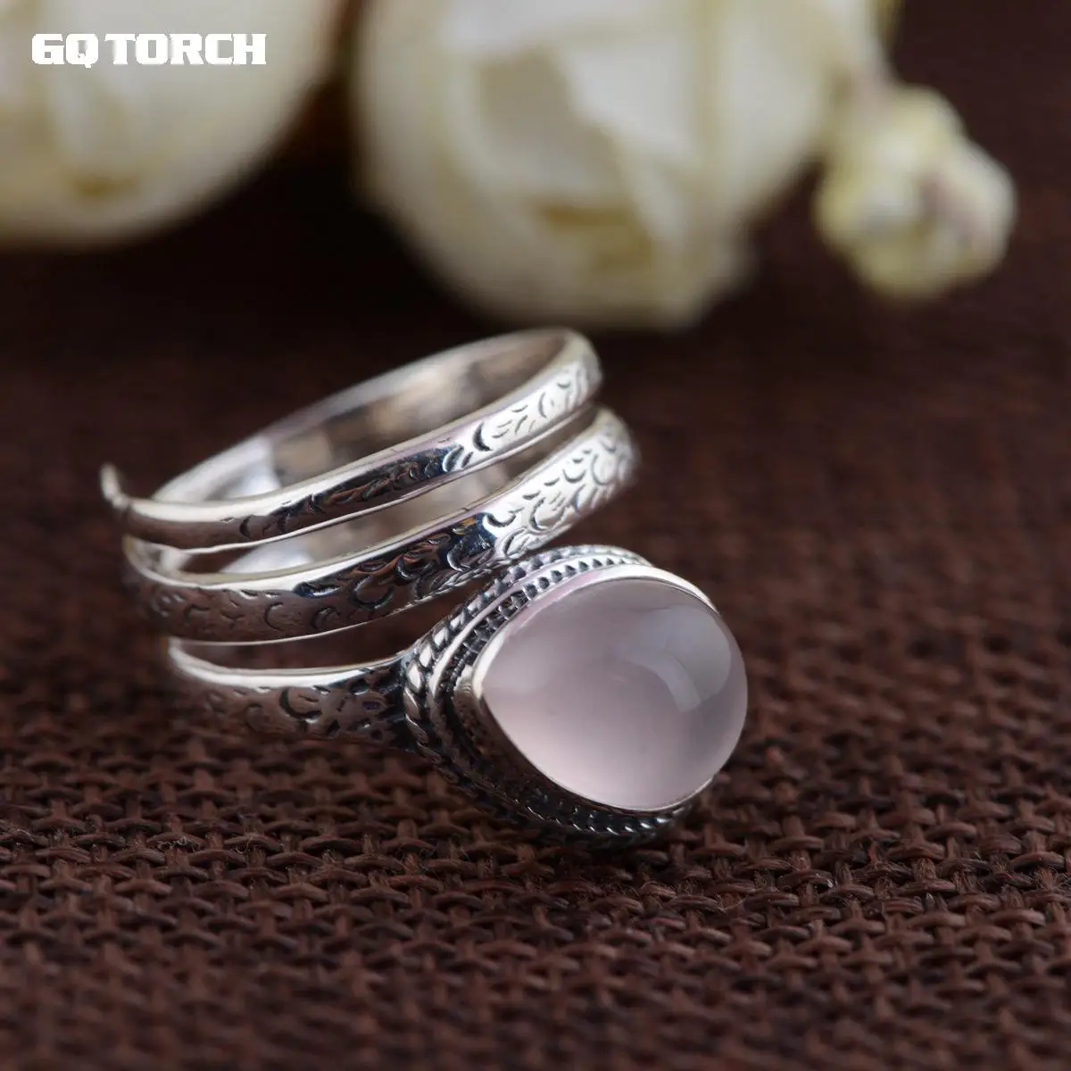 GQTORCH 925 пробы серебряные кольца для женщин Инкрустированный Розовый кварцевый и