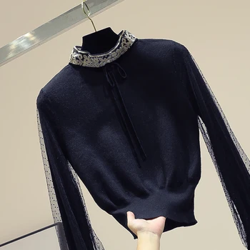 

Embroidered Mesh Sweater Women's Sweaters Outer Wear Jumper Autumn New Slim-Fit Short Basic Sweater Manteau Femme