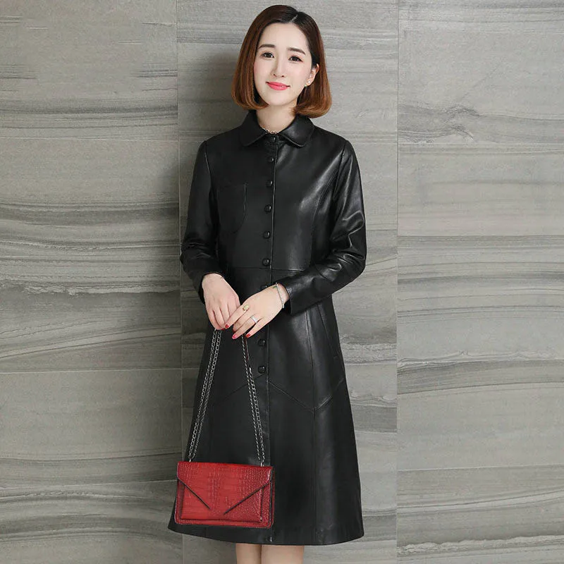 

2019 Genuine Leather Jacket For Women Turn-down Collar Loose Fit Sheepskin Long Coat OL Style Female Windbreakers Plus Size 2XL
