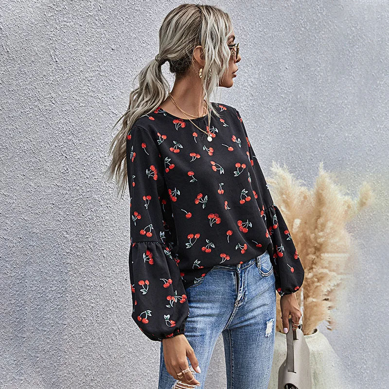 Autumn Blouse Women Fruit Pattern Casual Long-sleeved Ladies Fashion Top Slim Fit O-Neck Vintage Top Long Sleeve Casual  Black