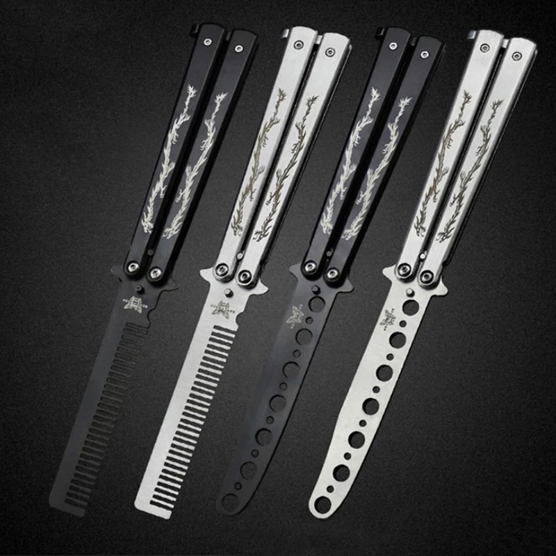 

Stainless Steel Training Balisong Folding Knife Pattern Titanium Coated Butterfly Style Dull Blade Knife Tool