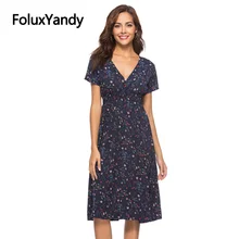 FoluxYandy – robe mi longue en mousseline de soie, imprimé bohème, col en V, manches courtes, taille haute, ligne a, été 