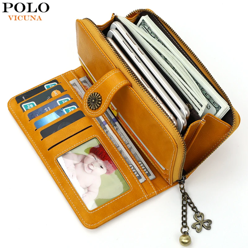 

VICUNA POLO Retro Waxy Oil Leather Card Holder Wallet For Women Vintage Ladies Clutch Wallet Long Design Trifold Wallets Girl