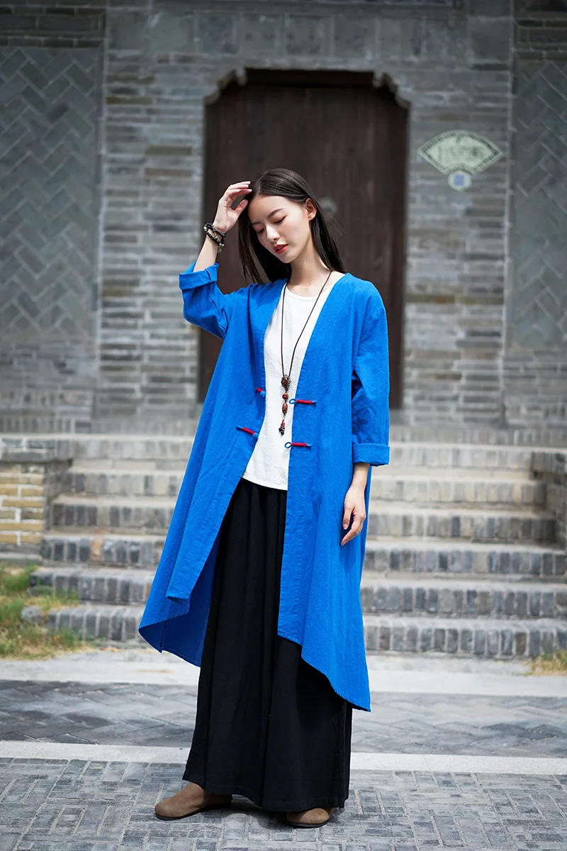 LZJN Spring Cotton Linen Long Trench Coat Chinese Long Windbreaker Women Open Front Cardigan Outerwear Cortavientos Coupe Vent (5)