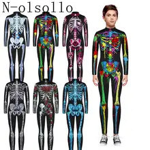 N-olsollo Комбинезоны для фитнеса с объемным принтом скелета, Детский комбинезон с длинными рукавами на молнии с высоким воротом для девочек/костюм для подвижных игр для мальчика, боди