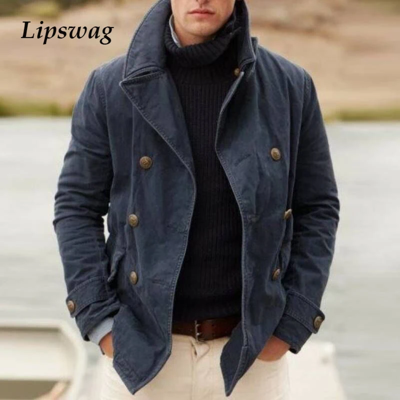 Куртка мужская с отложным воротником модное однотонное Свободное пальто