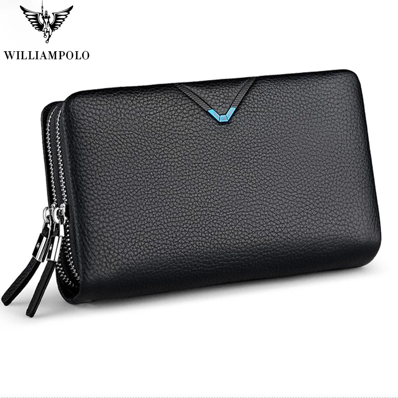 Meilleur Pochette pour homme WILLIAMPOLO pochette portefeuille en cuir véritable rabat sac à main fermeture à glissière dragonne pochettes homme sac à main en cuir de vachette cadeau de luxe