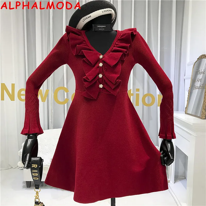 ALPHALMODA Осень Зима Женское платье с оборками вязаное платье с длинным рукавом v-образным вырезом Кристальные пуговицы женское милое платье