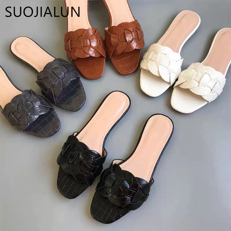 

SUOJIALUN 2021 Women Brand Slippers Summer Open Toe Flat Casual Sandal Slides Outdoor Female Beach Flip Flops Big Size 42