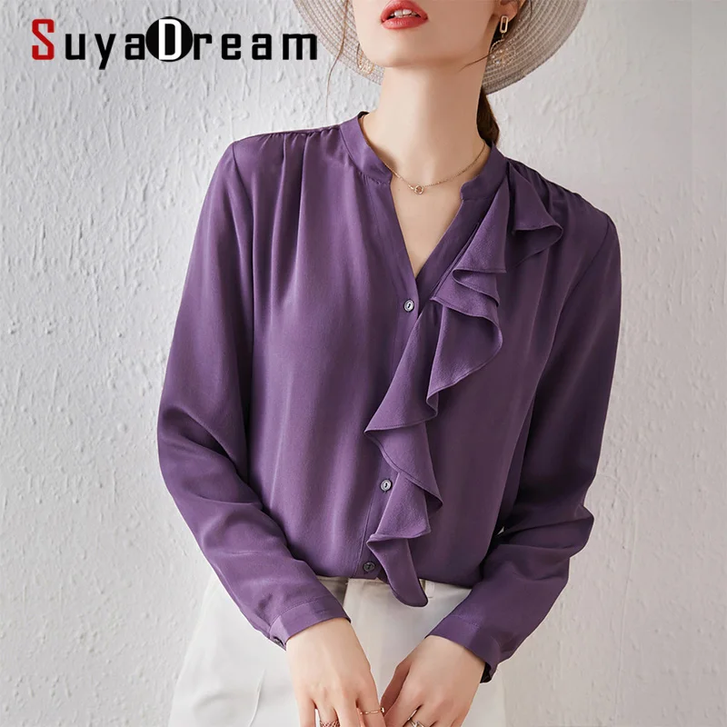 

SuyaDream Silk Solid Blouses Woman 100%Silk Long Sleeves V neck Ruffles Blouse Shirt Spring Autumn Purple Chic Shirt