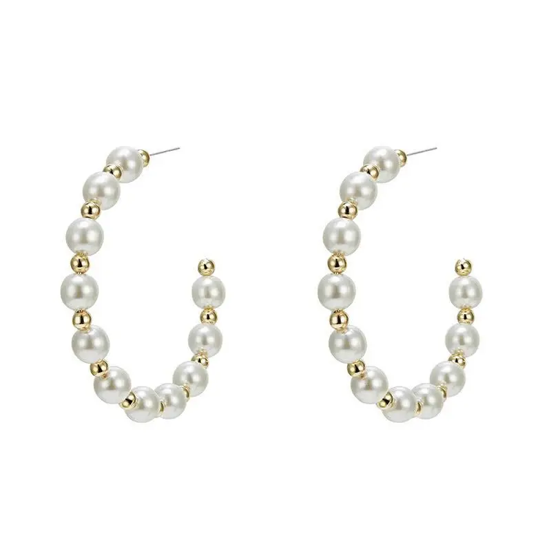 

Hot Selling New Style Pearl Inlaid HOOP Circular Ring Big Circle Earrings Women's Simple Size Pearl Earrings