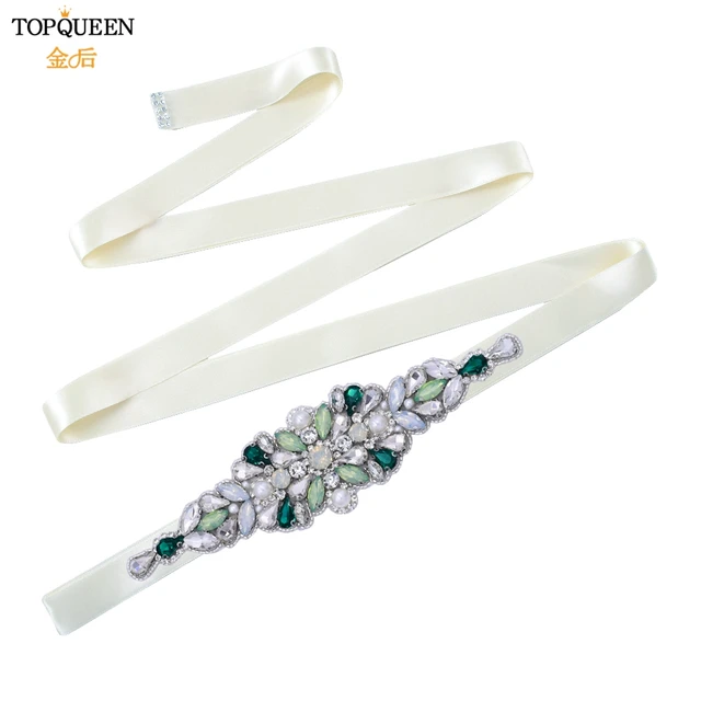 TOPQUEEN S443 Luxury Green Rhinestone Bridal Belt Beaded for Formal Evening Dresses Custom Diamond Decorative Belt Handmade ivory ribbon