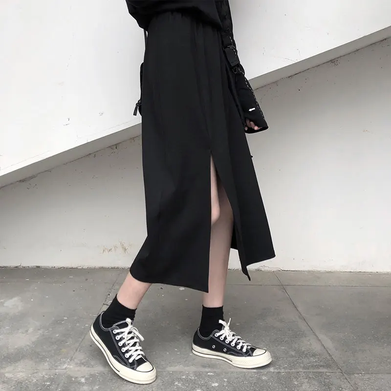 Faldas mujer moda, шикарные однотонные юбки до середины икры с высокой талией, Корейская женская одежда в стиле ампир, консервативный стиль, осенняя черная Мода с разрезом