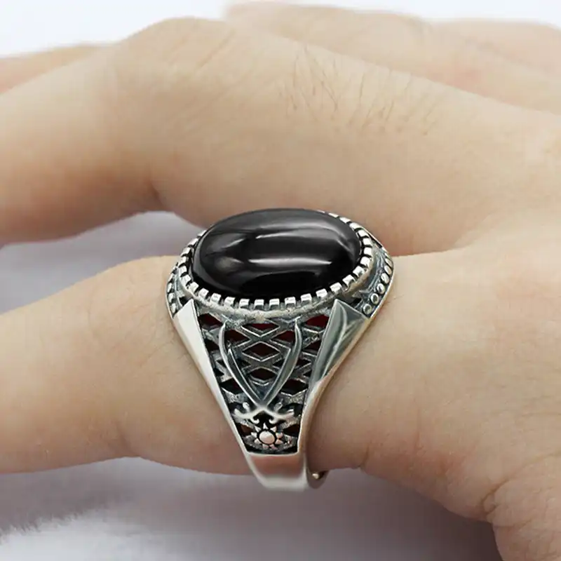 Real 925 Sterling Silver Islamic Men Ring With Black Onyx Stone Ring Double Swords Rings For Man Turkish Religious Jewelry Gift Rings Aliexpress