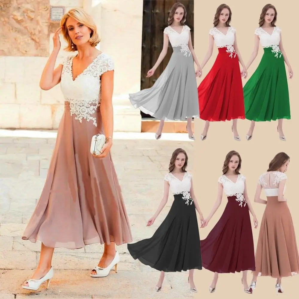 

A Line Lace Applique Chiffon Cap Sleeve V Neck Mother Of The Bride Dress Outfits Evening Formal Prom Tea Length Zipper Back