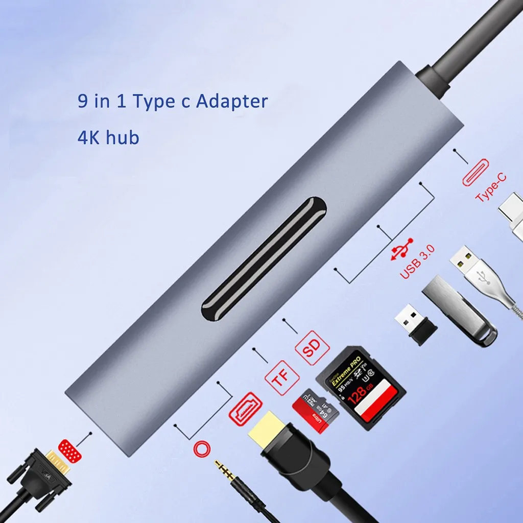 9 в 1 концентратор USB3.0 гигабитный сетевой интерфейс HDMI SD TF для адаптера type-C