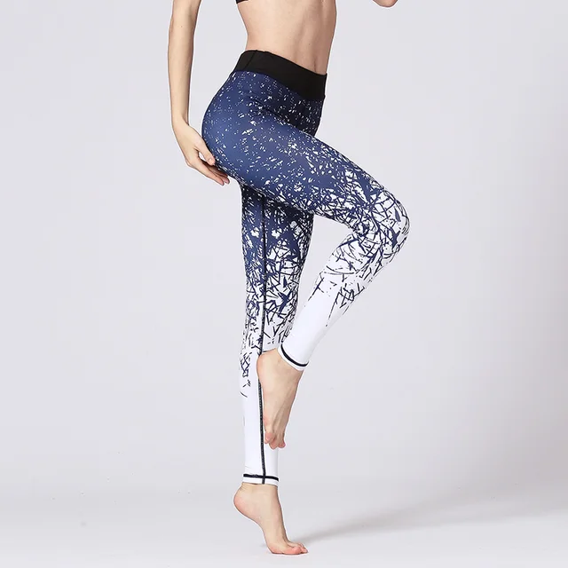 Women High Waisted Yoga Pants Sports Fitness Gym Leggings Printing Tights Running Athletic Female Stretchy Skinny Scrunch Butt HK65 Blue white