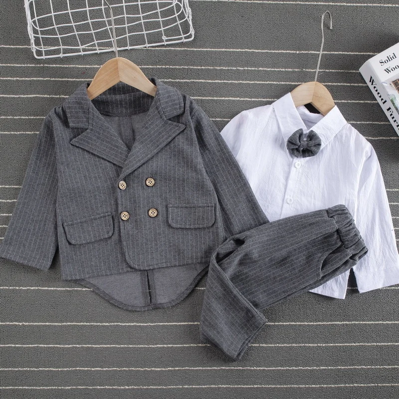 Primavera do Bebê Roupas de Cavalheiro Sets da Criança Roupas de Algodão Nova Menino Crianças Listrado Terno Camisa Calças 3 Pçs - Roupas Outono 6 Roupa de primavera masculina, calça listrada de algodão para crianças