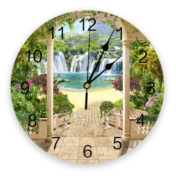 

Landscape Garden Round Wall Clock for Home Decor Living Room No Ticking Sound Modern Creative Wall Clocks
