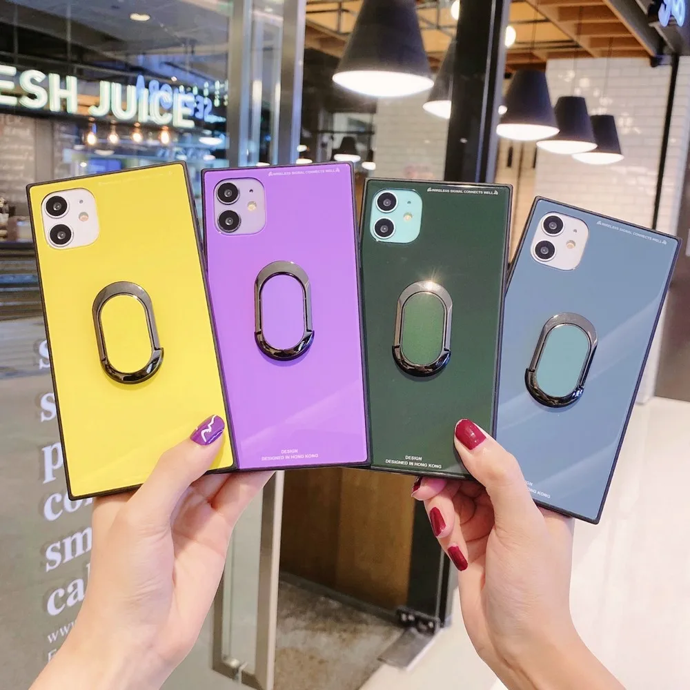 Quadrato Di Lusso Di Vetro Di Colore Solido Cassa Del Telefono Duro Per Il Iphone Se 2020 11 128Gb Pro X Xs Max Xr 7 8 Più Del Basamento Della Copertu
