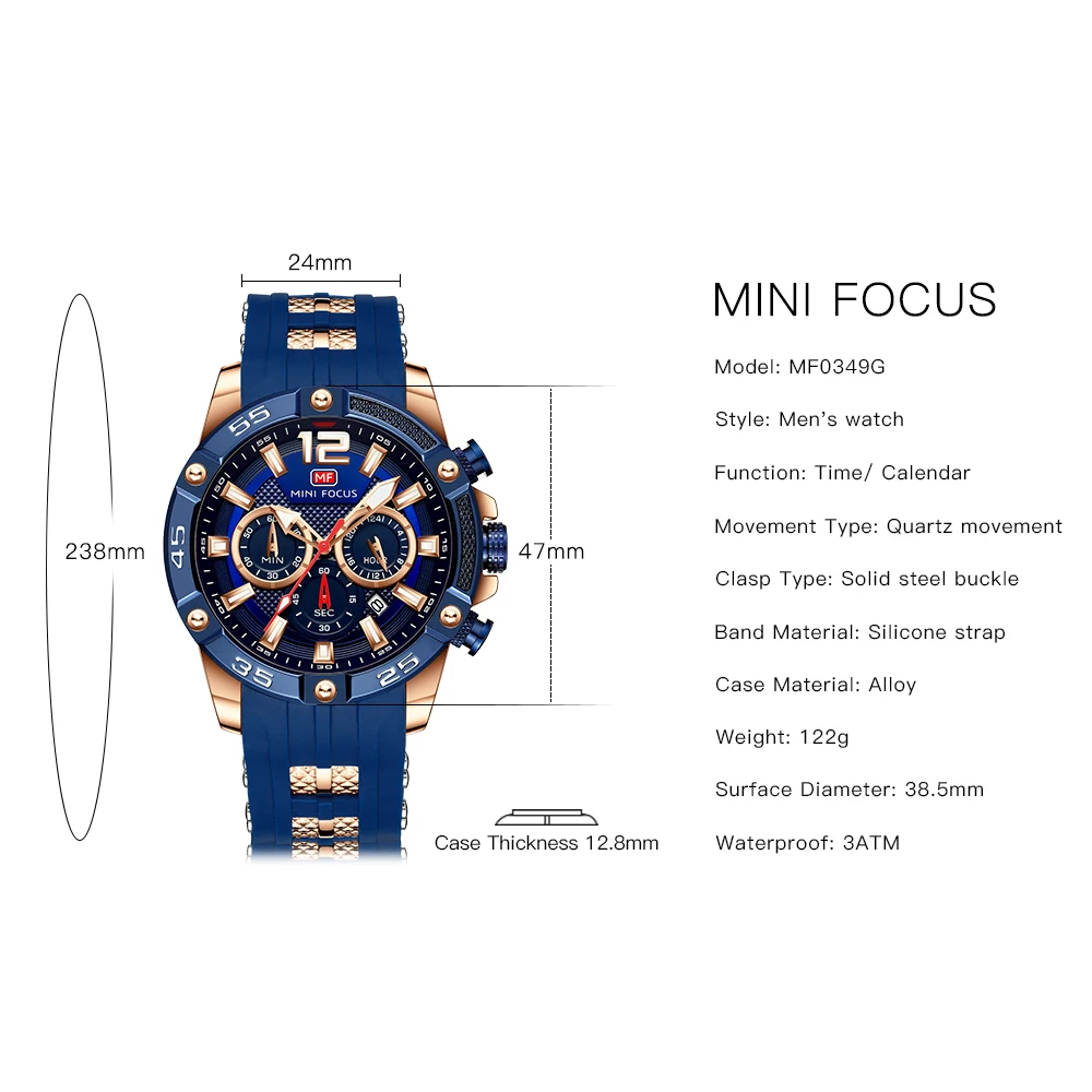 MINIFOCUS Military Blue Men Sports Watches Top Brand Luxury Quartz Male Watch Silicone Strap Waterproof 3ATM Fashion Wristwatch