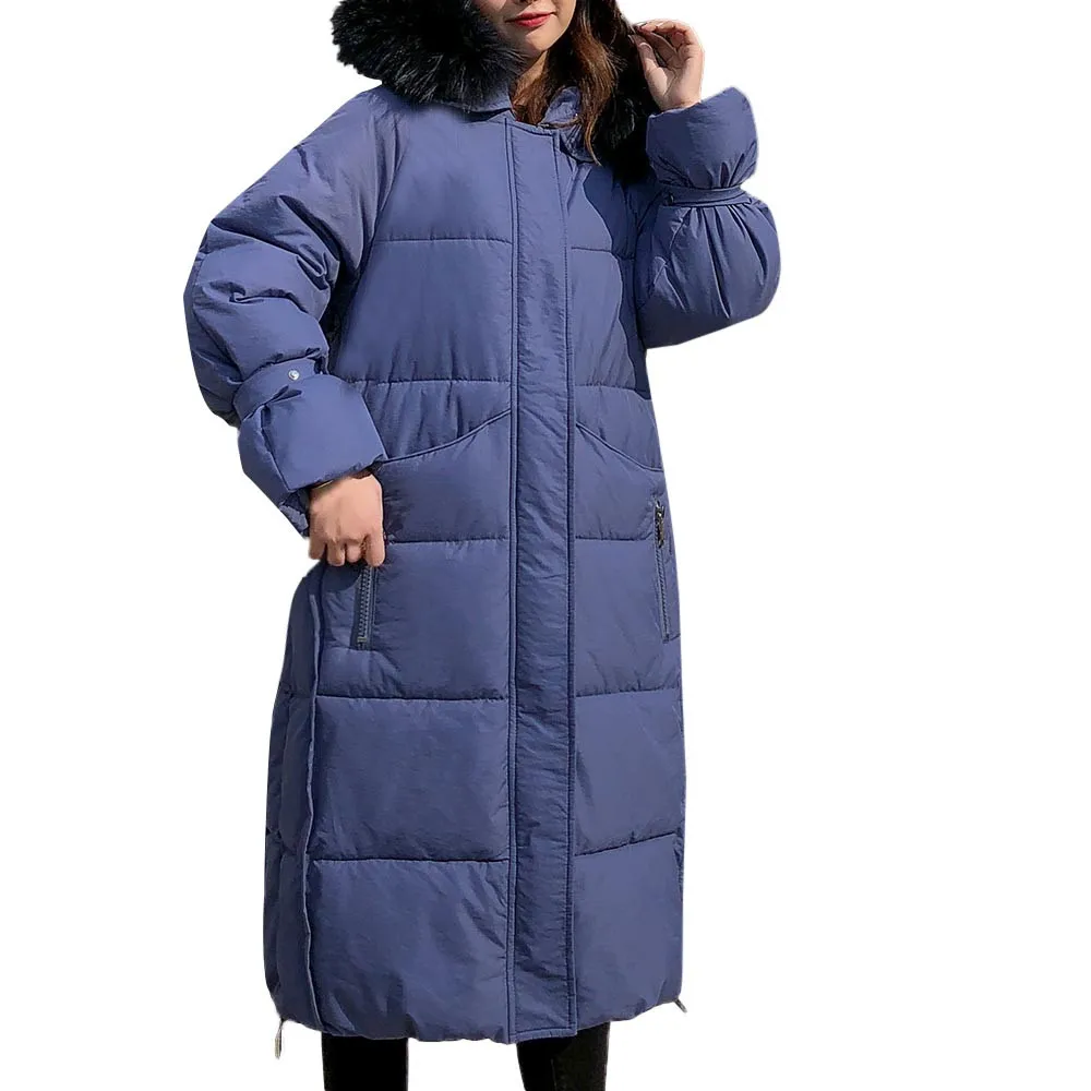 Новая модная женская длинная куртка утепленная верхняя одежда меховое пальто с капюшоном на пуговицах длинные однотонные куртки пальто с карманами#4N09# F - Цвет: Синий