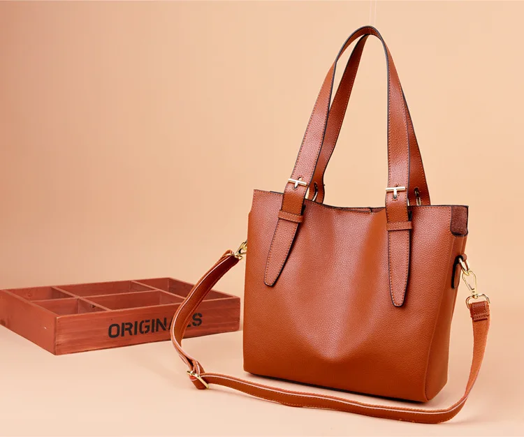 new leather women's bag simple leather shoulder slung portable bucket tote bag