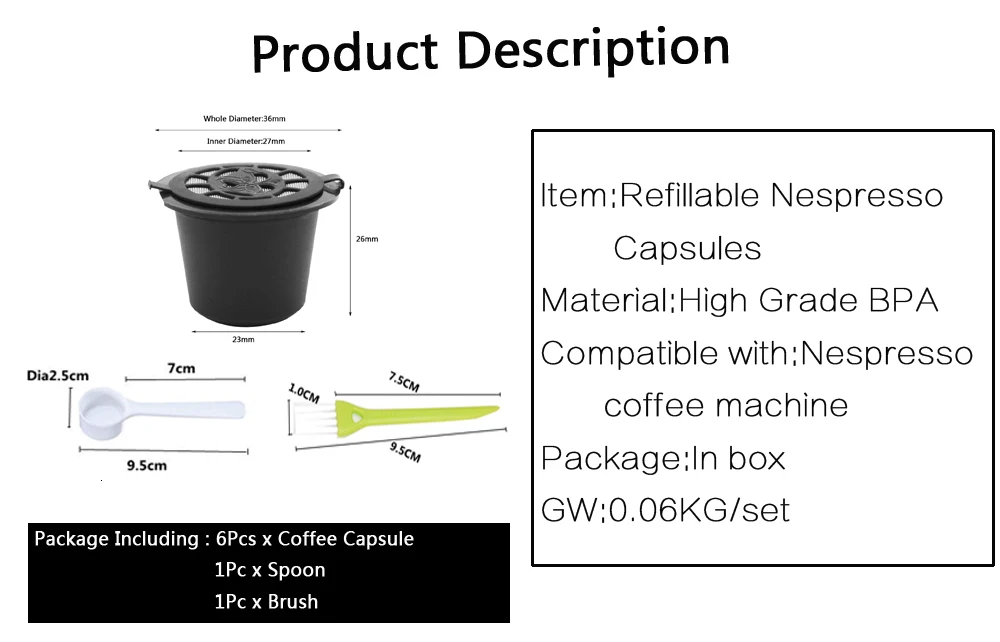 6 шт многоразовые капсулы кофе nespresso чашка с ложка-кисточка черный многоразовый кофе капсула заправка фильтр кофе посуда подарок