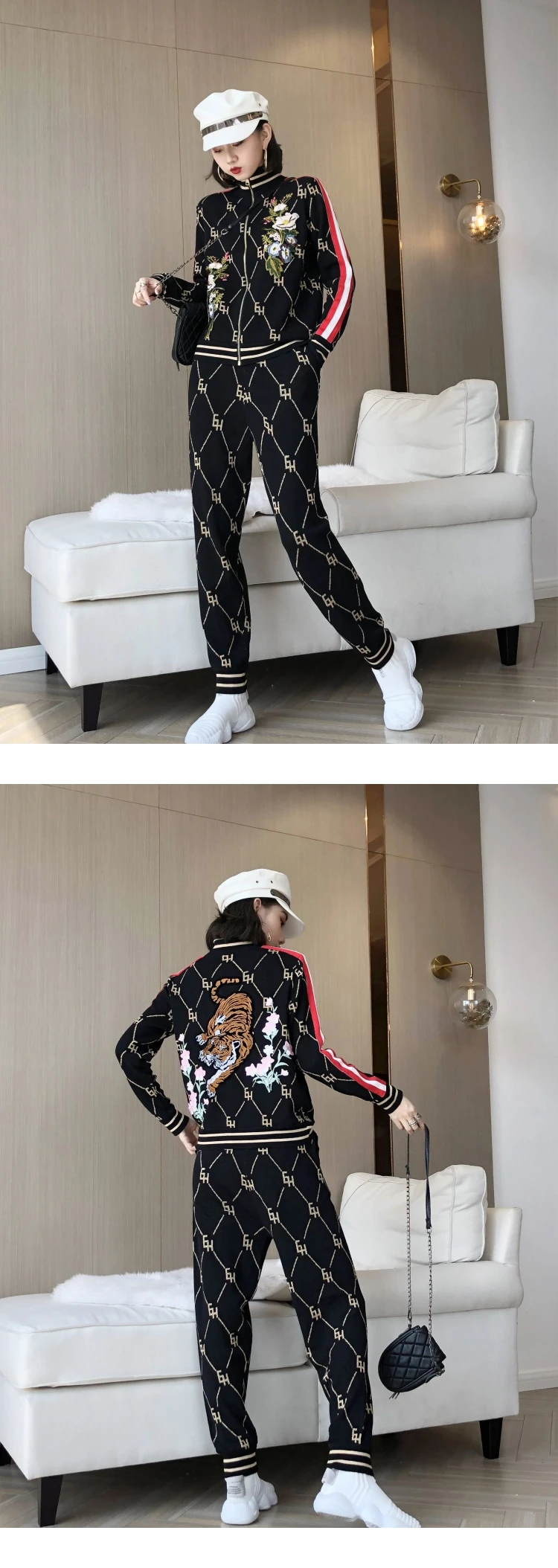 10.10  High quality Autumn Women embroidery flower contrast color knitted cardigan sweaters coat casual pants Two piece set