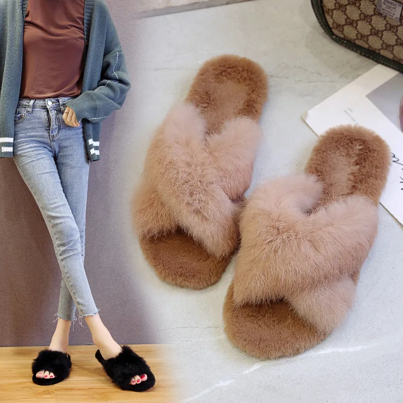 

Plush Slipper Women's Chic2020 Early Spring Korean-style New Style Outer Wear Versatile Flat Fashion Network Red Cross Sandals