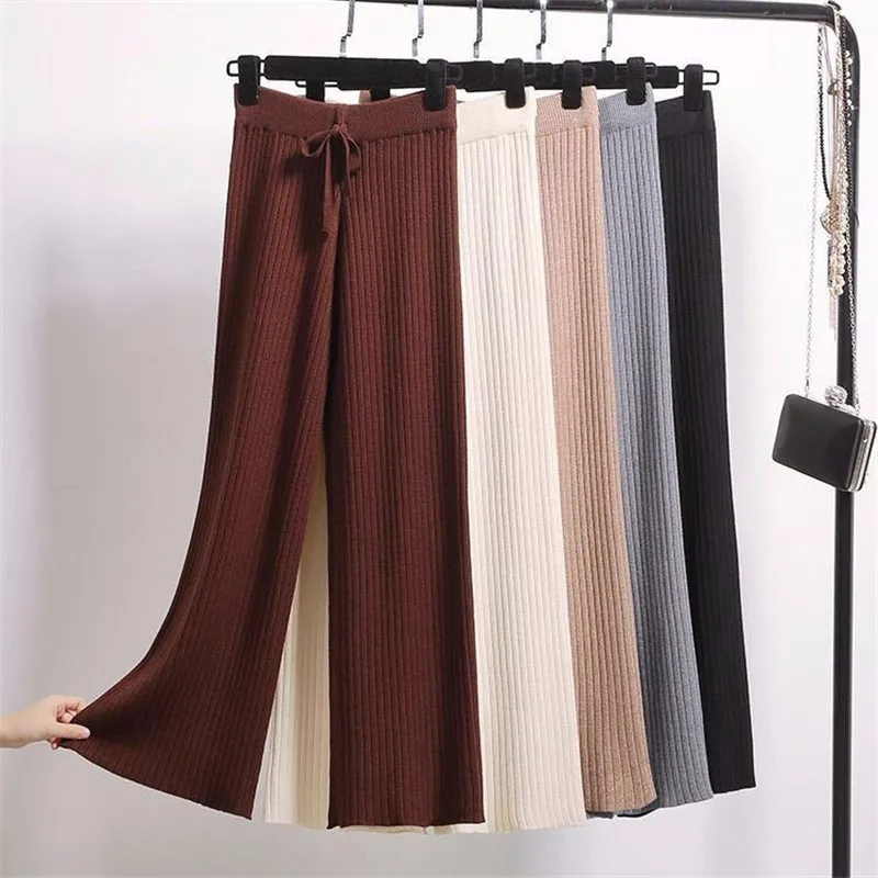 

Women Ribbbed Droopy Knitted Wide Leg Pants Female Autumn Winter Loose Solid Casual Trousers High Waist Ladies Loungewear Pants