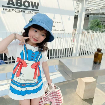 

summer 2020 kids dresses baby clothes Girls' Lolita Print Long T-Shirt Dress toddler girls cotton cartoon dress