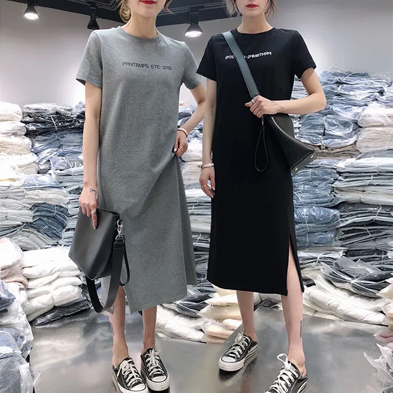 

Multi--Selectable Short-sleeve Dress Women's Casual Belly Covering Large Size Loose-Fit Mid-length over-the-Knee Base T-shirt Sk