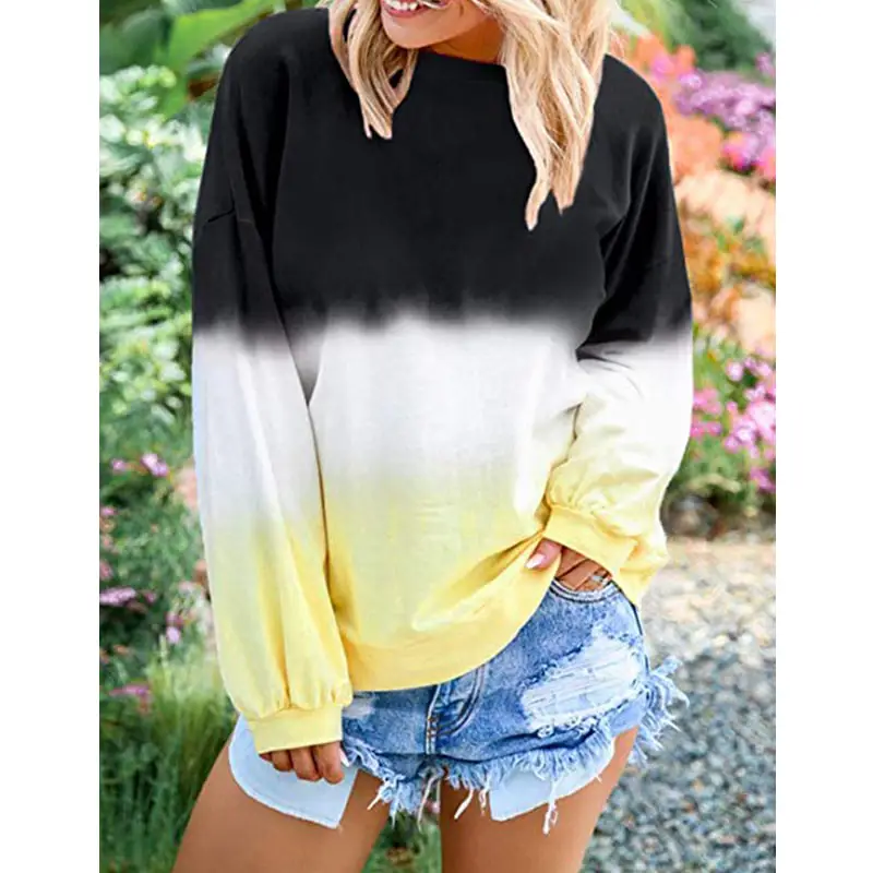Womens Casual Gradient Long Sleeve T-Shirt Colorblock Block Tie Dye Printed Pullover 1