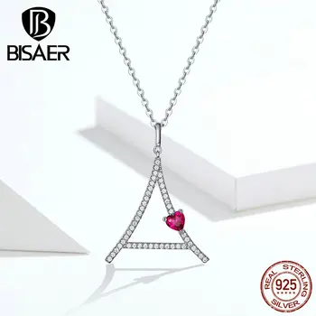 

BISAER 925 Sterling Silver Angel Elegant Necklace 45cm Pink CZ Adjustable for Women Fashion Jewelry Wedding Gift HVN109