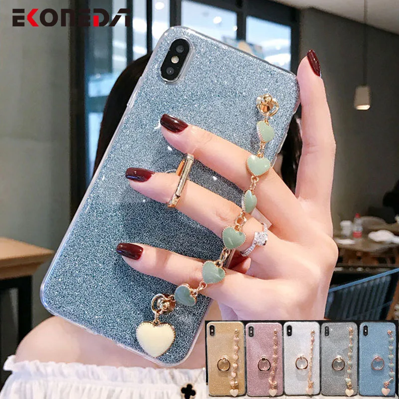 

EKONEDA Wrist Chain Case For Samsung Galaxy S8 S9 S10 Note 9 10 S20 Plus Ultra S10e A50 A70 A8 A9 A10 Glitter Ring Holder Case