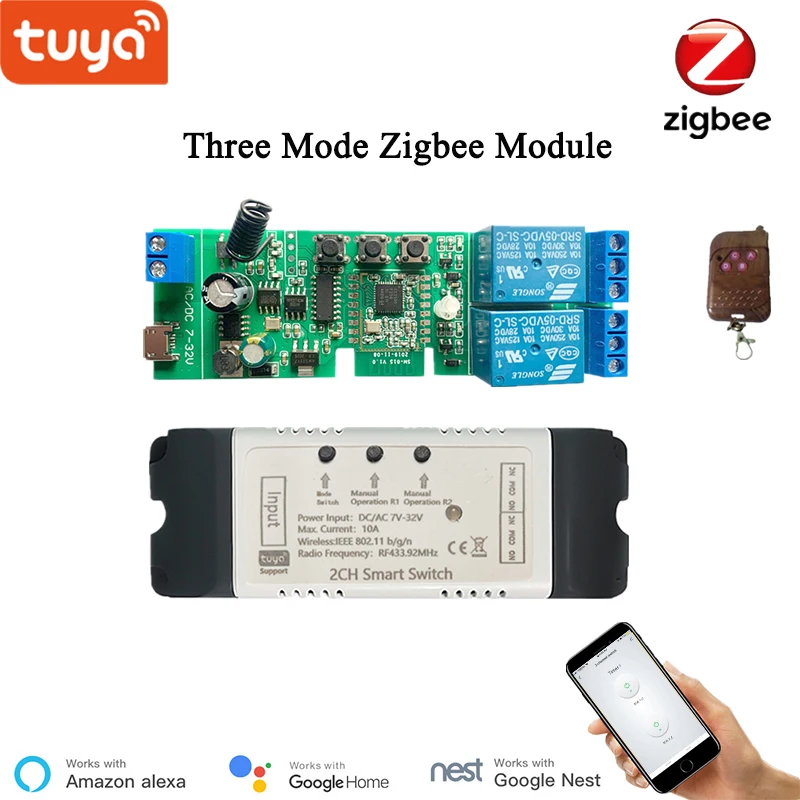 Модуль переключателя Zigbee Tuya 5 ~ 32 В 2 канала с RF433 Inching / Self-Lock/Interlock управление через