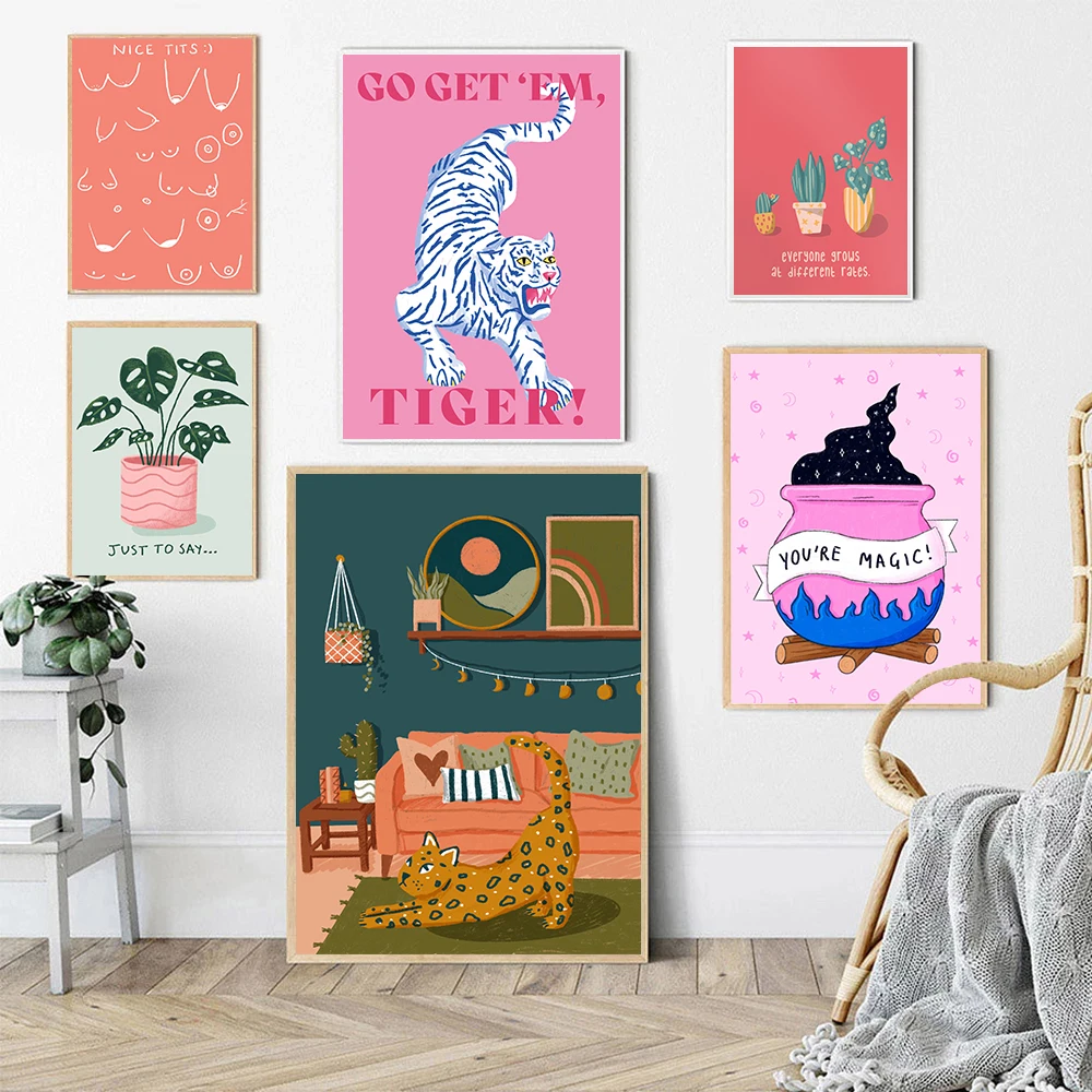 

Nordic Poster Indoor Cute Plants Canvas Painting Wall Art Prints Yoga Cat Tiger Tits Pictures For Living Room Wall Home Decor