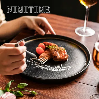 

NIMITIME Ceramic Western Food Snack Plate Scrub Round Dish Pastry Dish Flat Dinner Plate