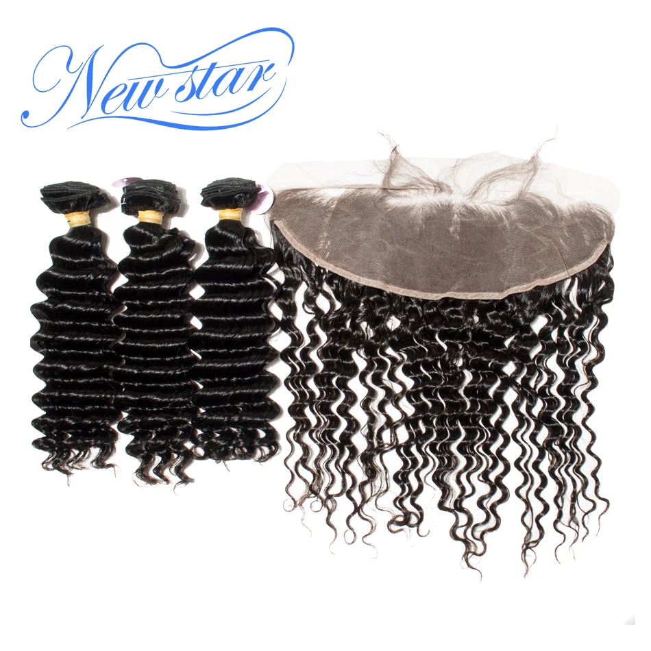 

New Star Brazilian Deep Wave 3 Bundles Hair Extension With A Ear to Ear Lace Frontal Closures 100% Virgin Human Hair Weaving