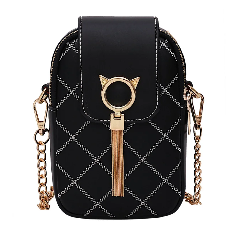 Женская сумка с кисточками, маленькая сумка-мессенджер, стеганые на цепочке, Сумка с котом, кожаные сумки на плечо, сумка через плечо, милая дизайнерская женская сумка - Цвет: Black