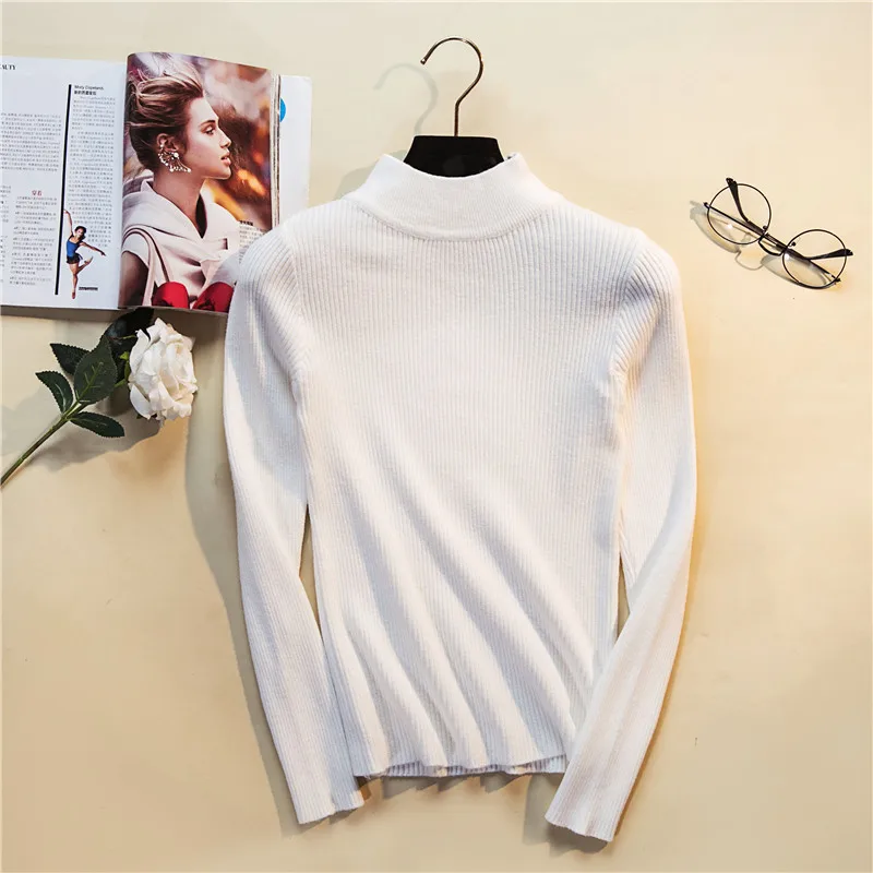 Fionto осень зима женские пуловеры свитер вязаный эластичный Повседневный джемпер модный тонкий водолазка теплые женские свитера - Цвет: white sweater