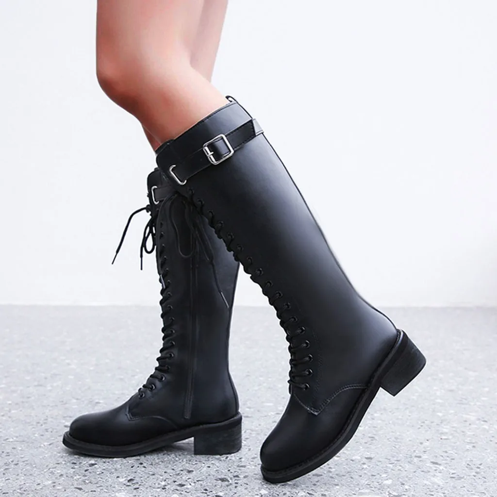 SAGACE/Сапоги до колена женская зимняя обувь на платформе с круглым носком женские модные теплые высокие зимние сапоги на шнуровке с пряжкой женская обувь# 4Z - Цвет: Black