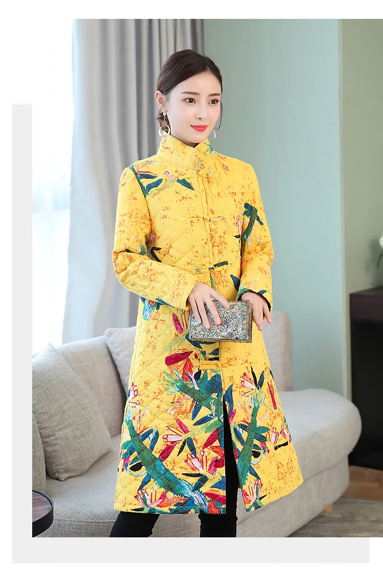 Хлопковый зимний стиль Cheongsam стиль плотный теплый Улучшенный длинный рукав однобортный приталенный крой Республика Китай-стиль