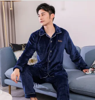 

Winter Thicken Warm Soft Blue Flannel Pajamas Sets for Men Night Pijamas Male Long Sleeve Pyjamas Sleepwear Suit Casual Homewear